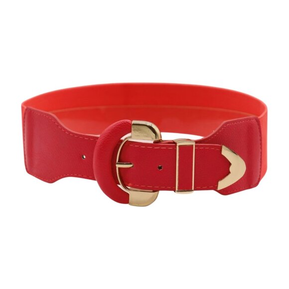 New Women Coral Pink Faux Leather Elastic Waistband Belt Round Gold Buckle S M - Picture 10 of 16